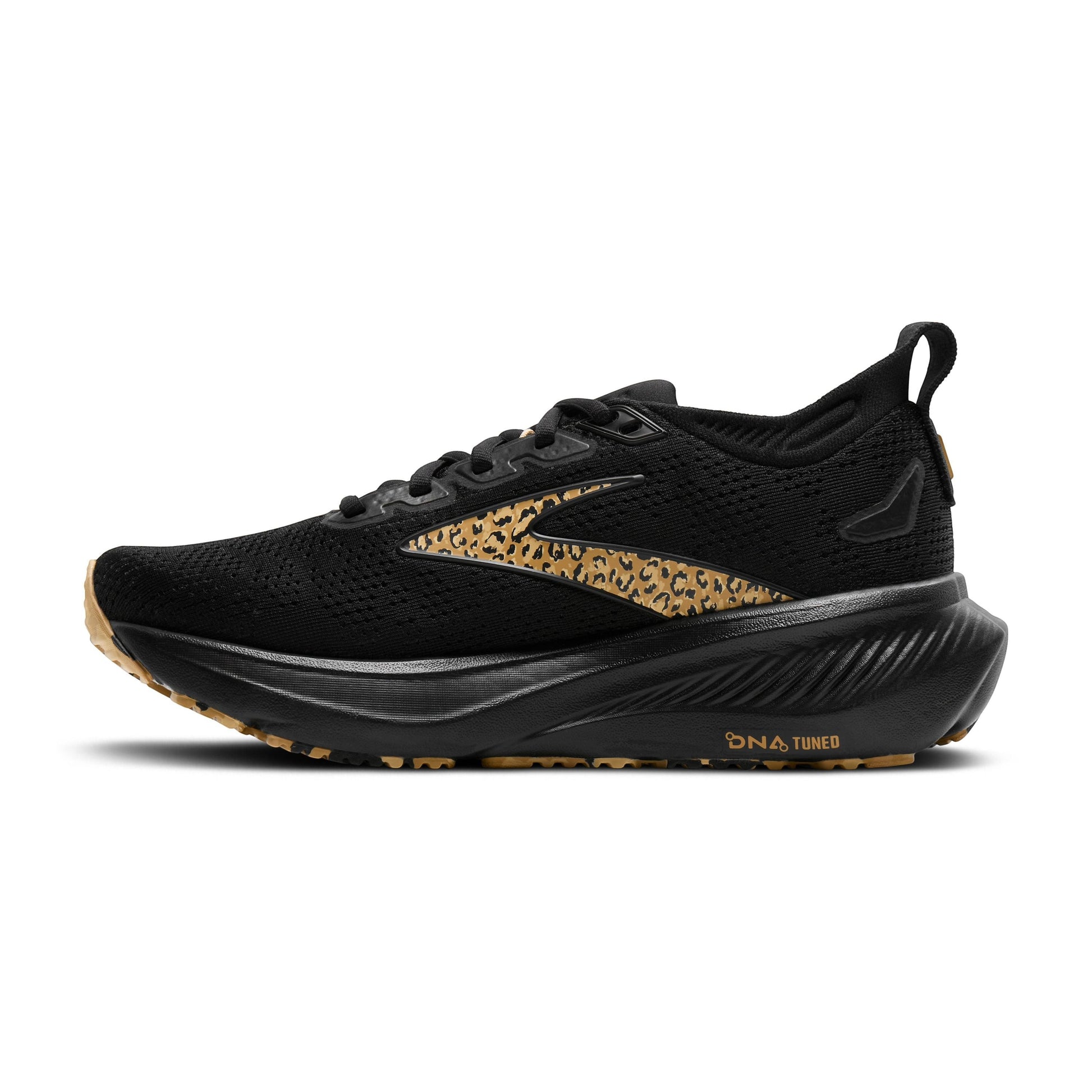 Allen's Bootery Women's Glycerin 23 black running shoes with leopard print accents and a gum sole.