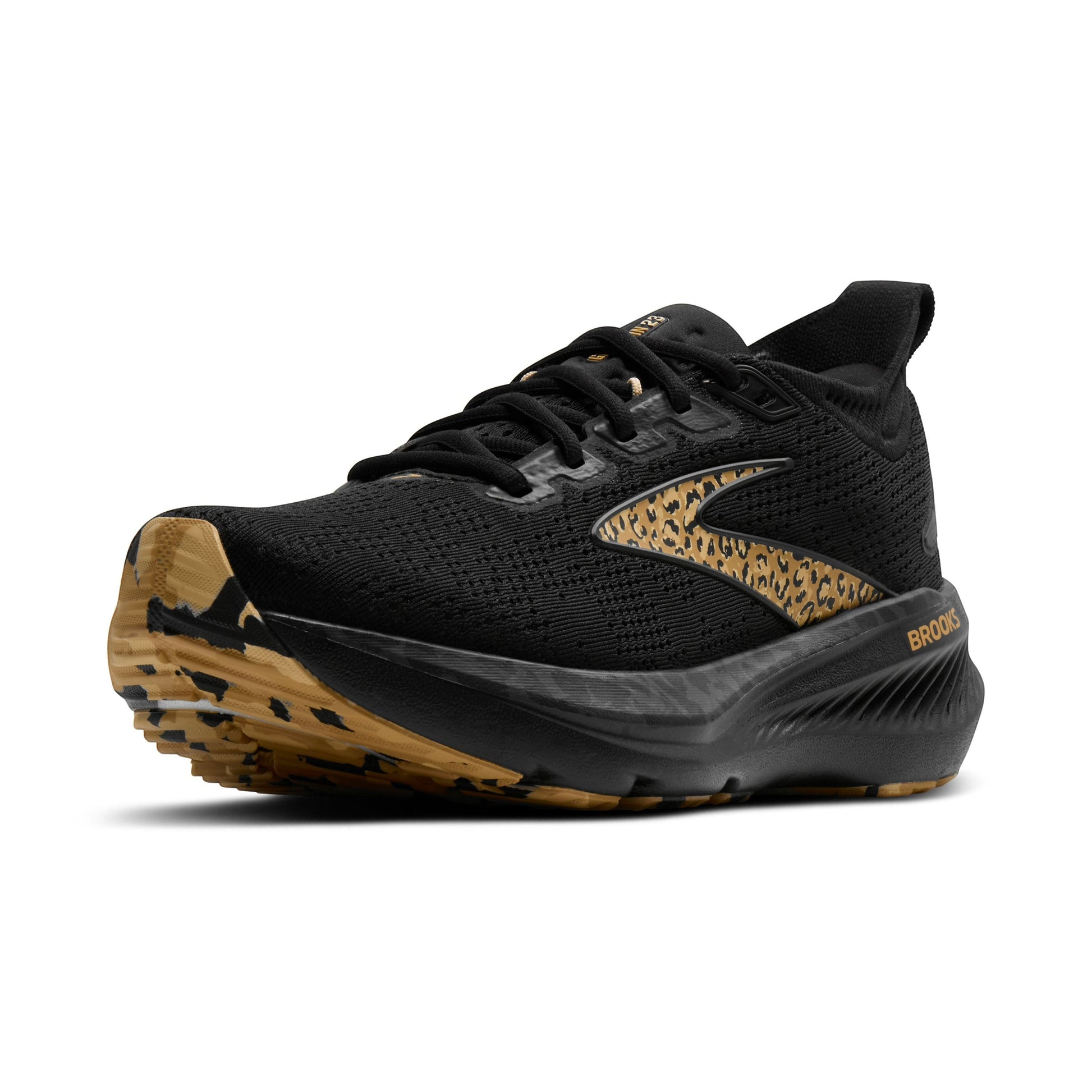 Allen's Bootery Women's Glycerin 23 black running shoes with leopard print accents and gold detailing.