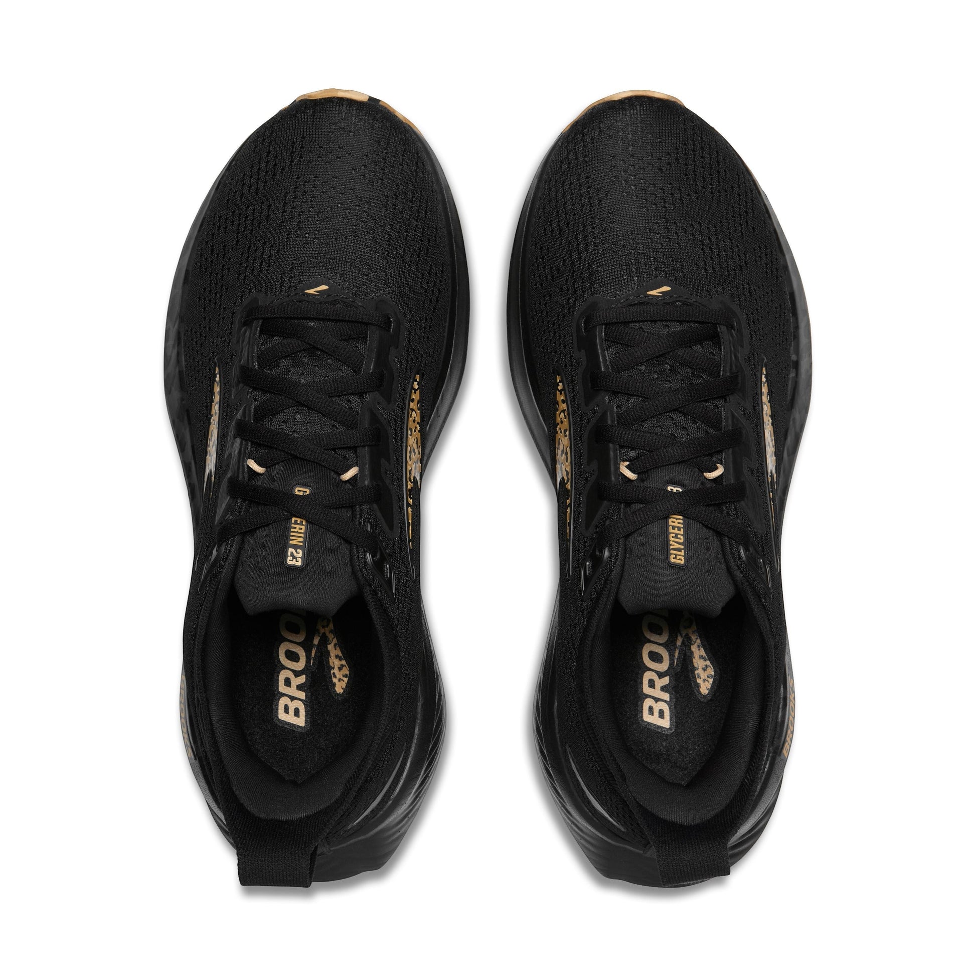 Allen's Bootery Women's Glycerin 23 black running shoes with leopard print accents and gold Brooks logo.