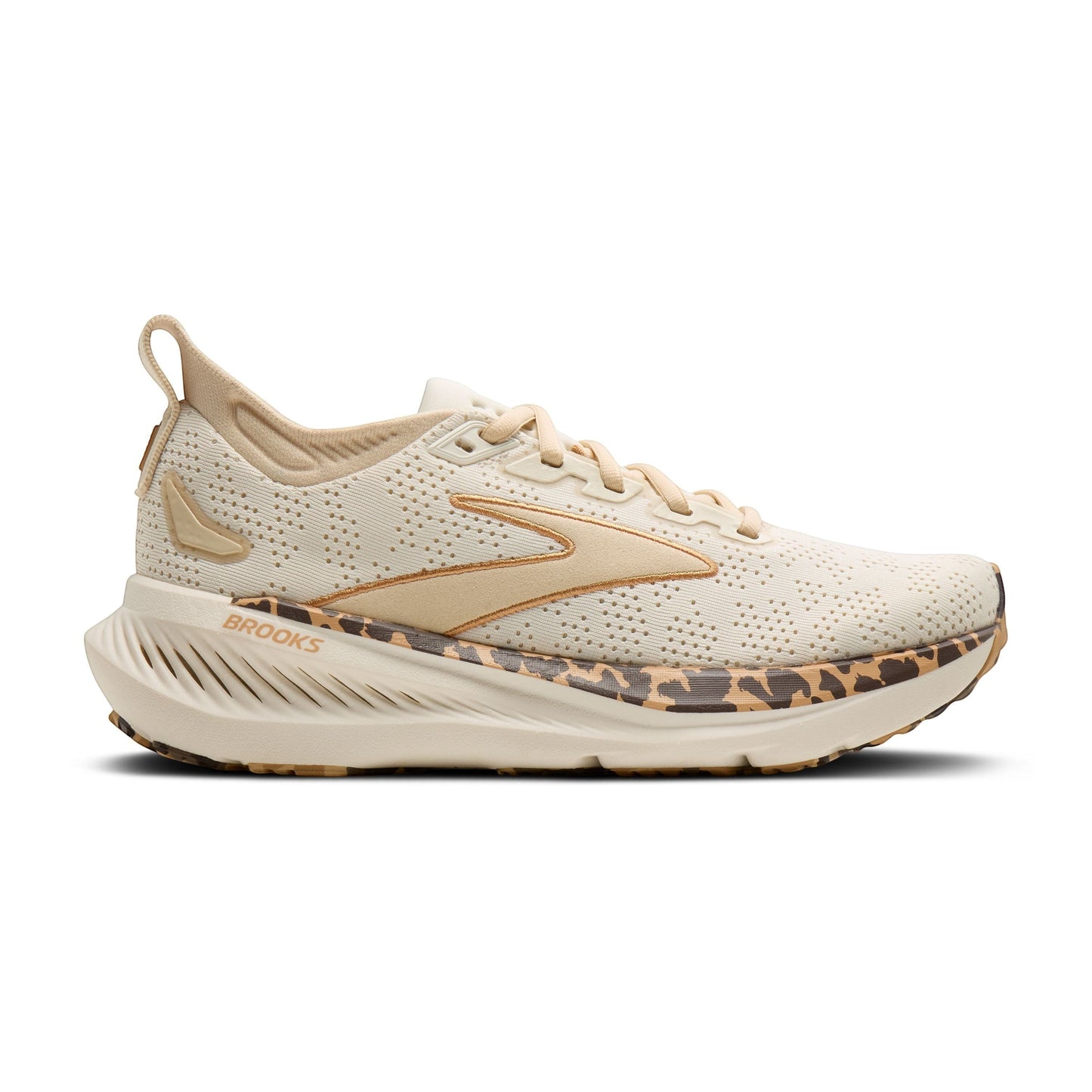 Allen's Bootery Women's Glycerin 23 running shoes in cream with leopard print midsole detail and gold accents.