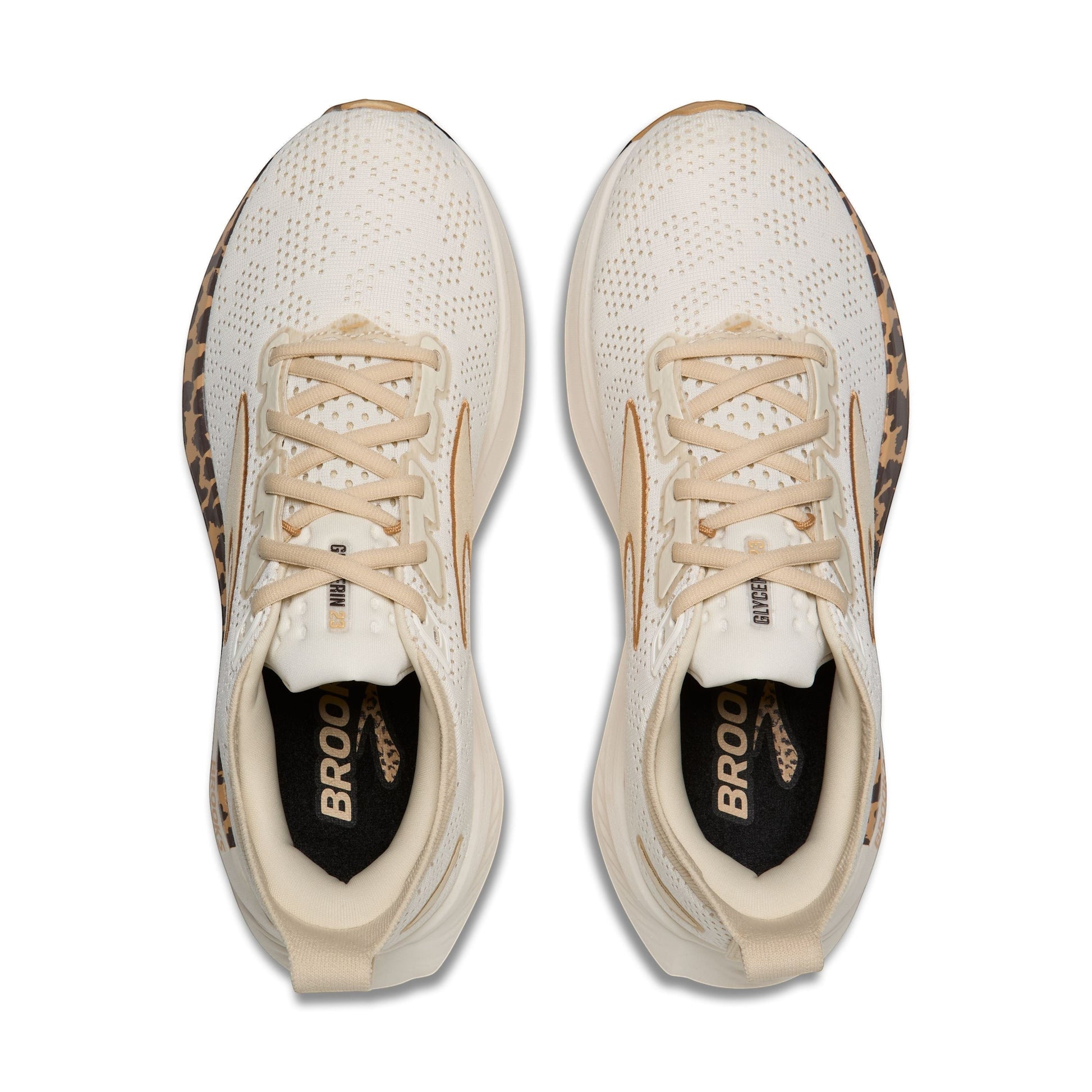Allen's Bootery Women's Glycerin 23 running shoes in cream with leopard print accents and beige laces.