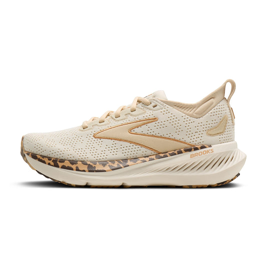 Allen's Bootery Women's Glycerin 23 running shoes in cream with gold accents and leopard print midsole detail.