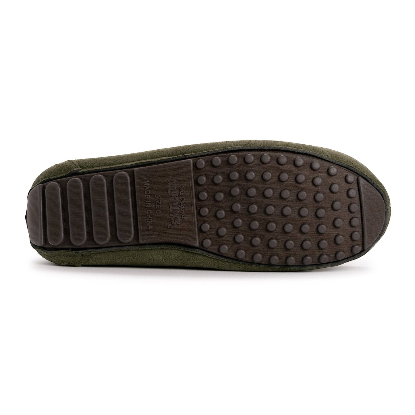 Allen's Bootery MUK LUKS women's olive green faux suede moccasin slippers with sherpa lining and grippy sole.