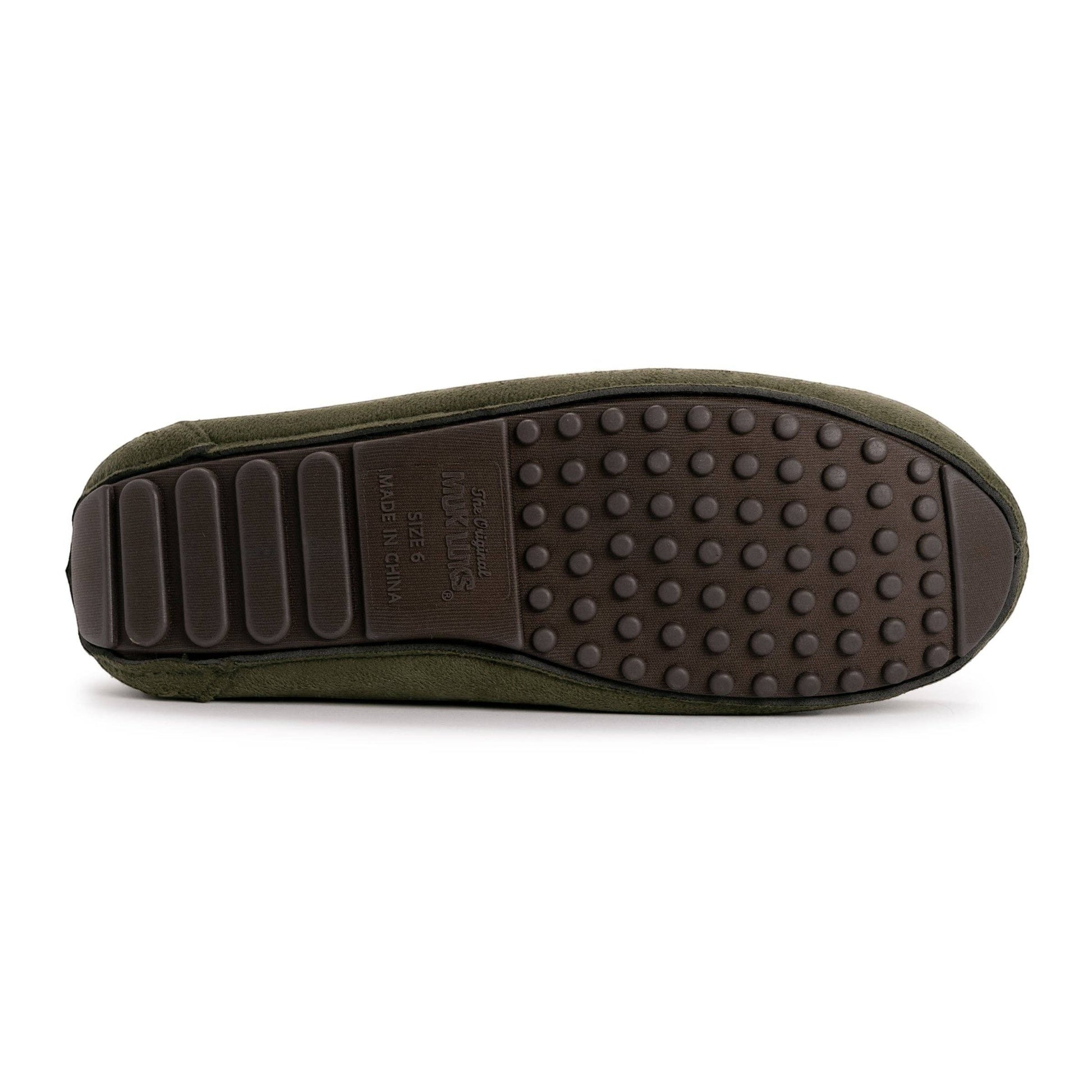 Allen's Bootery MUK LUKS women's olive green faux suede moccasin slippers with sherpa lining and grippy sole.