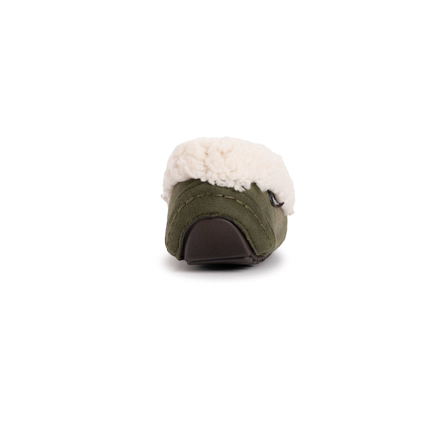 Allen's Bootery women's olive green faux suede moccasin slippers with plush sherpa lining and decorative bow.