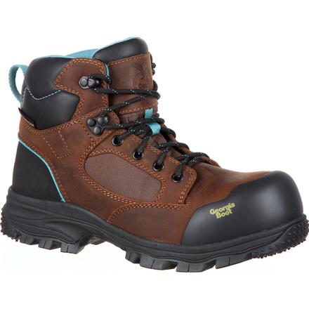 Allen's Bootery Georgia Boot women's brown leather waterproof composite toe work boot with blue accents.
