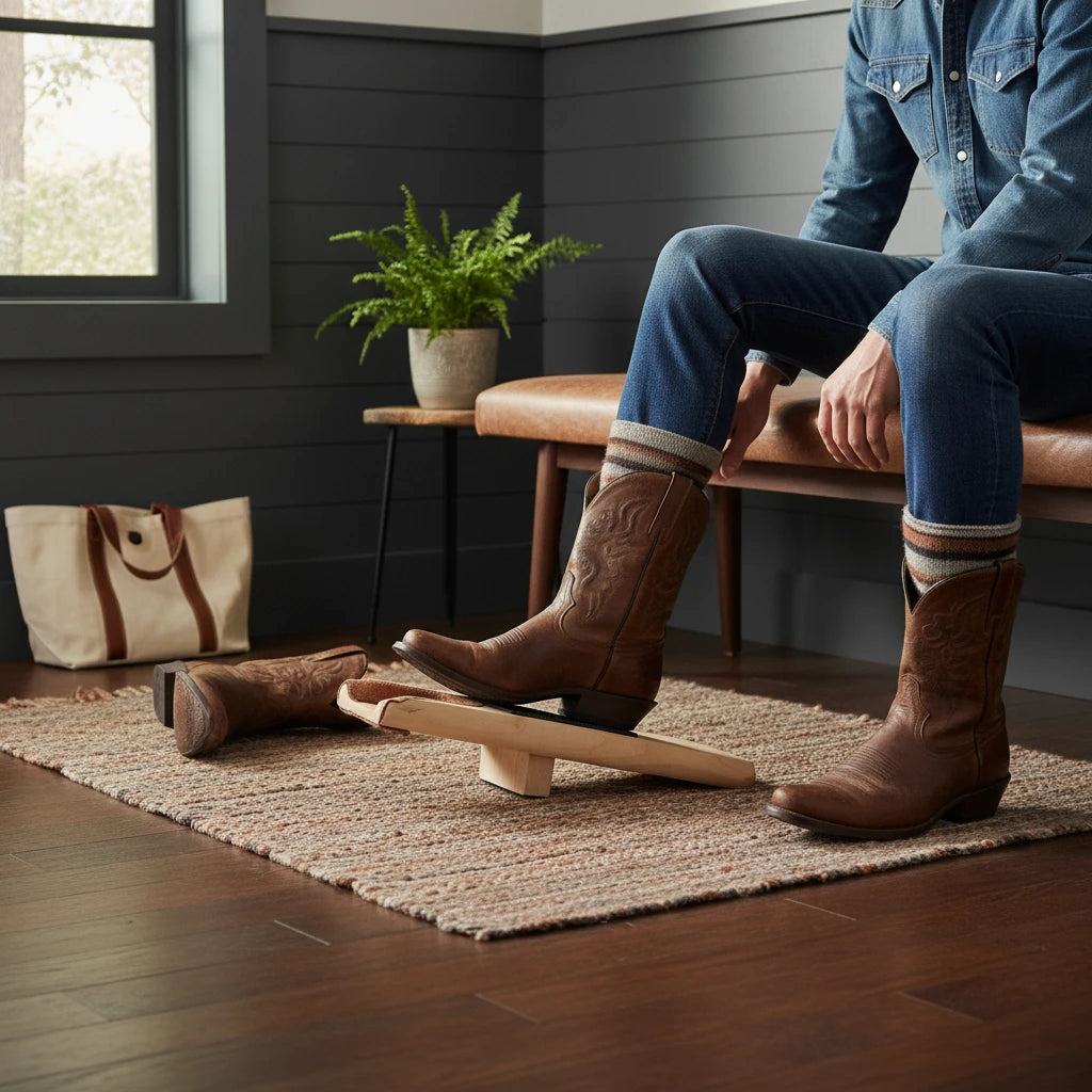 Allen's Bootery wooden boot jack with suede lining and rubber grip, used to remove brown leather cowboy boots.