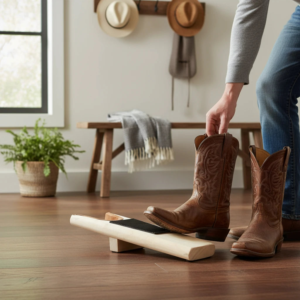 Allen's Bootery wooden boot jack with suede lining and rubber grip pad being used to remove brown leather cowboy boots.