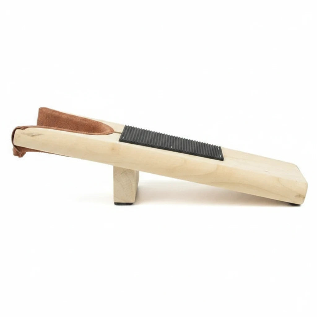 Allen's Bootery wooden boot jack with a suede-lined yoke and black rubber grip pad for easy boot removal