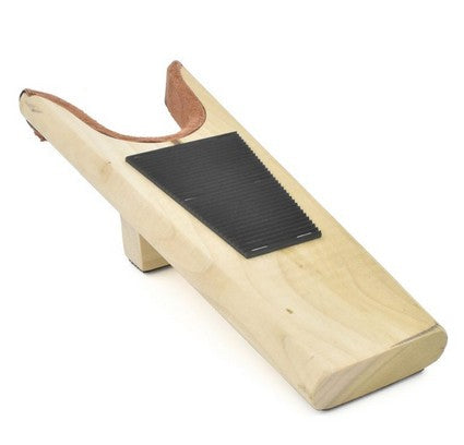 Allen's Bootery wooden boot jack with a suede-lined yoke and a black rubber traction pad for easy boot removal.