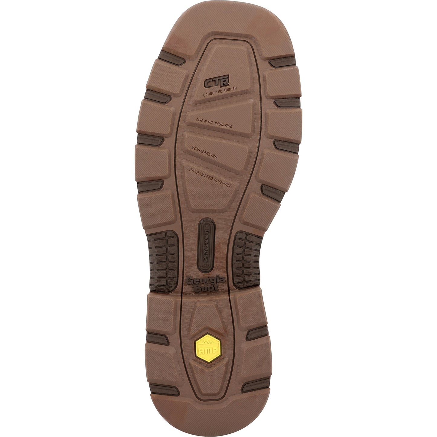 Allen's Bootery Carbo-Tec FLX work boot brown rubber outsole with slip-resistant tread and yellow AMP logo detail