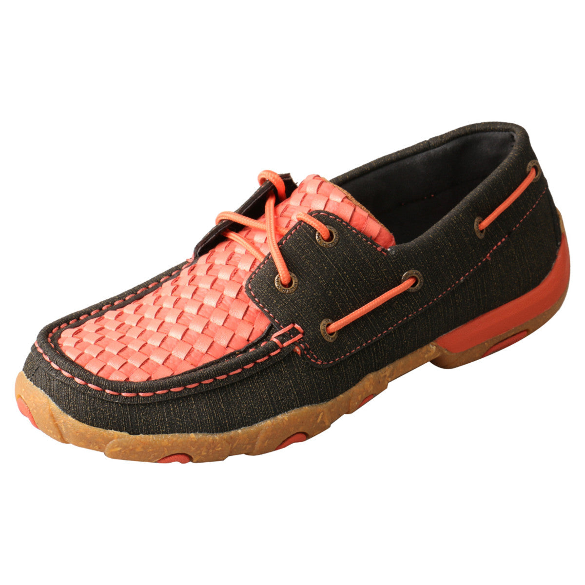 Allen's Bootery woven coral and dark grey boat shoe driving moc with a durable rubber outsole and moc toe design.