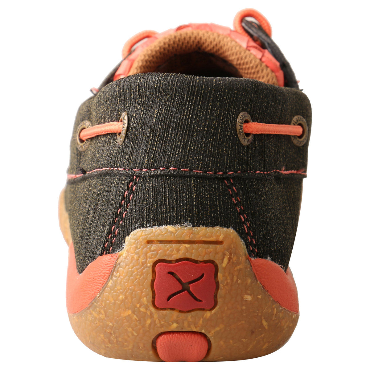 Allen's Bootery WDM0141 woven coral boat shoe driving moc showing the durable rubber heel and rear lacing detail