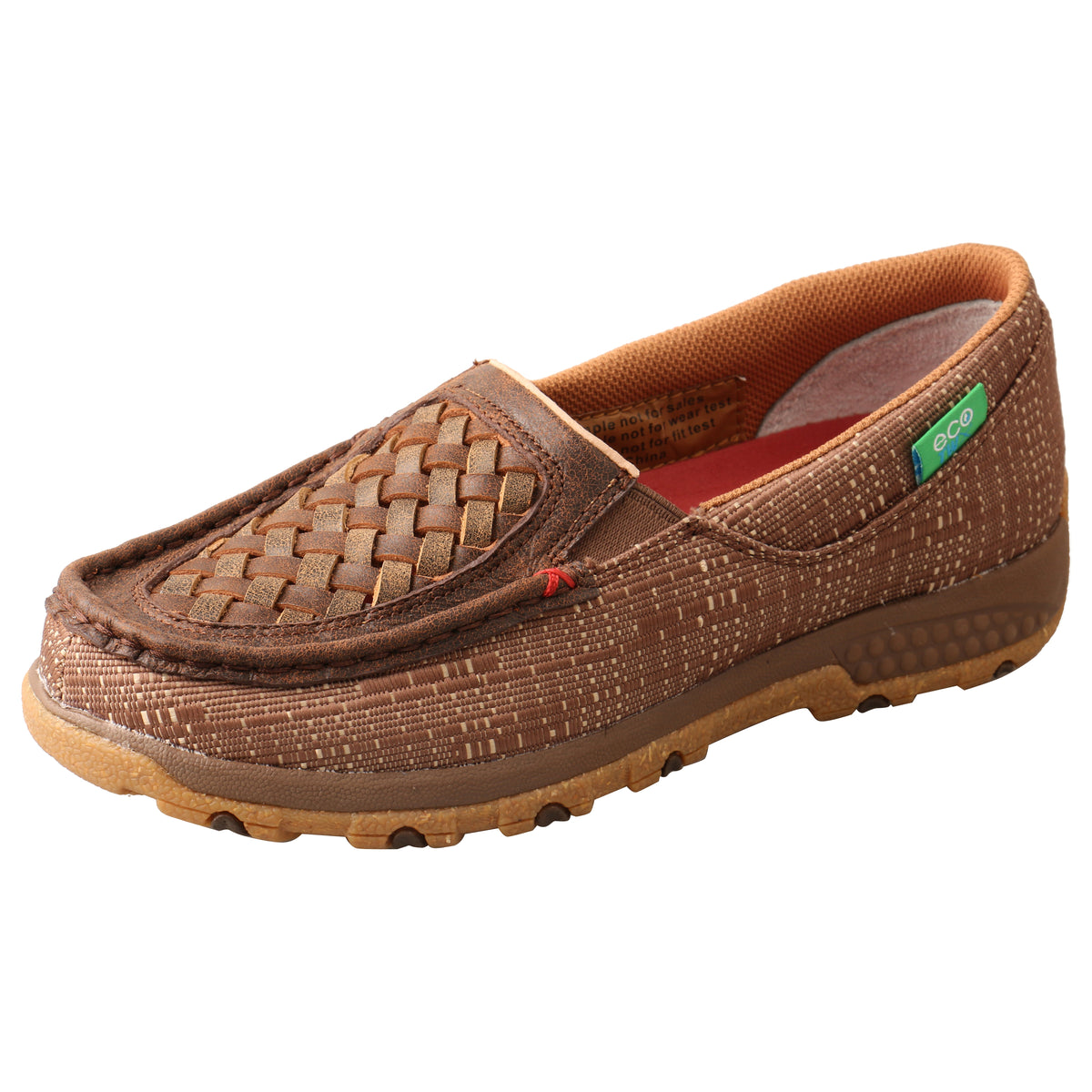 Allen's Bootery brown and coffee woven ecoTWX leather slip-on driving moc with slip-resistant rubber outsole