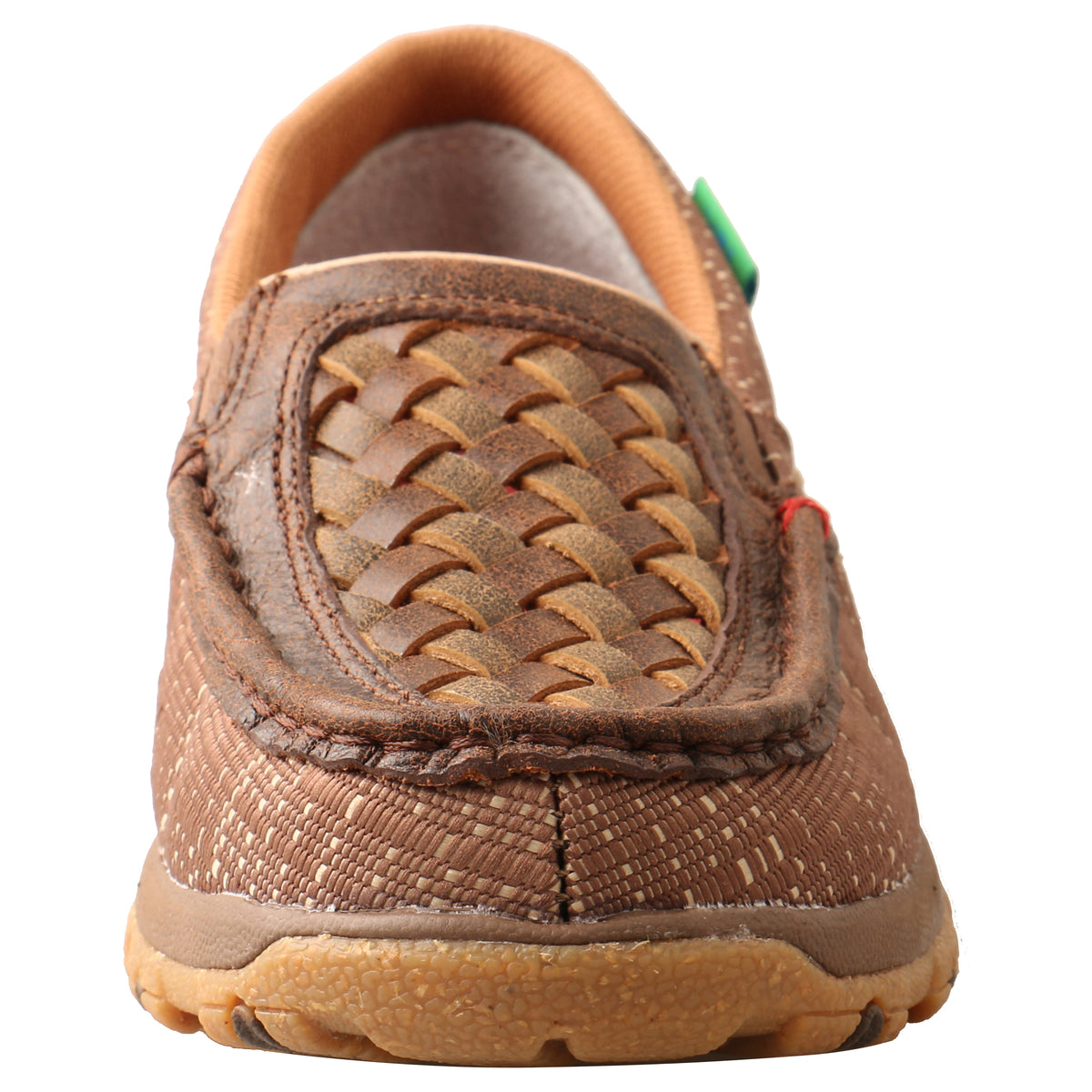 Allen's Bootery brown and coffee woven leather and ecoTWX slip-on driving moc with a durable rubber outsole