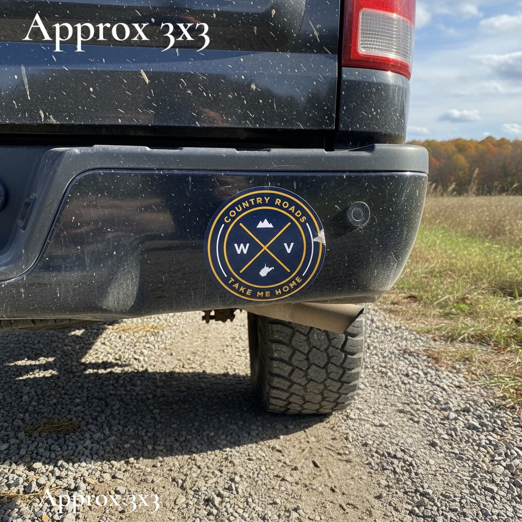 Allen's Bootery round WV Seal sticker with Country Roads text on a black truck bumper