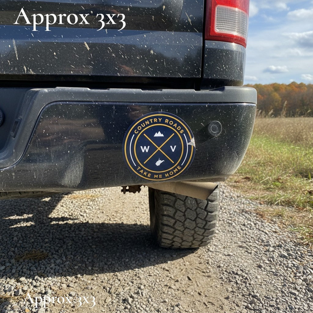 Allen's Bootery round WV Seal sticker with Country Roads text on a black truck bumper