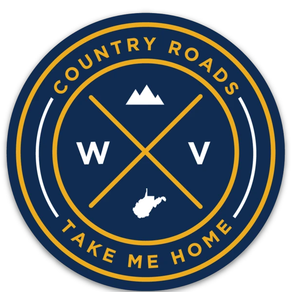 Allen's Bootery circular WV seal sticker featuring Country Roads Take Me Home text, mountains, and state outline.