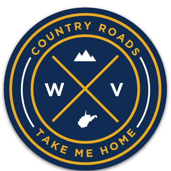 Allen's Bootery circular WV seal sticker featuring Country Roads Take Me Home text, mountains, and state outline.