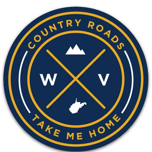 Allen's Bootery circular WV seal sticker featuring Country Roads Take Me Home text, mountains, and state outline.