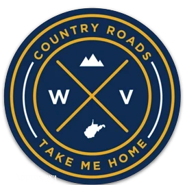 Allen's Bootery round WV seal sticker featuring Country Roads Take Me Home text, mountain icon, and state outline.