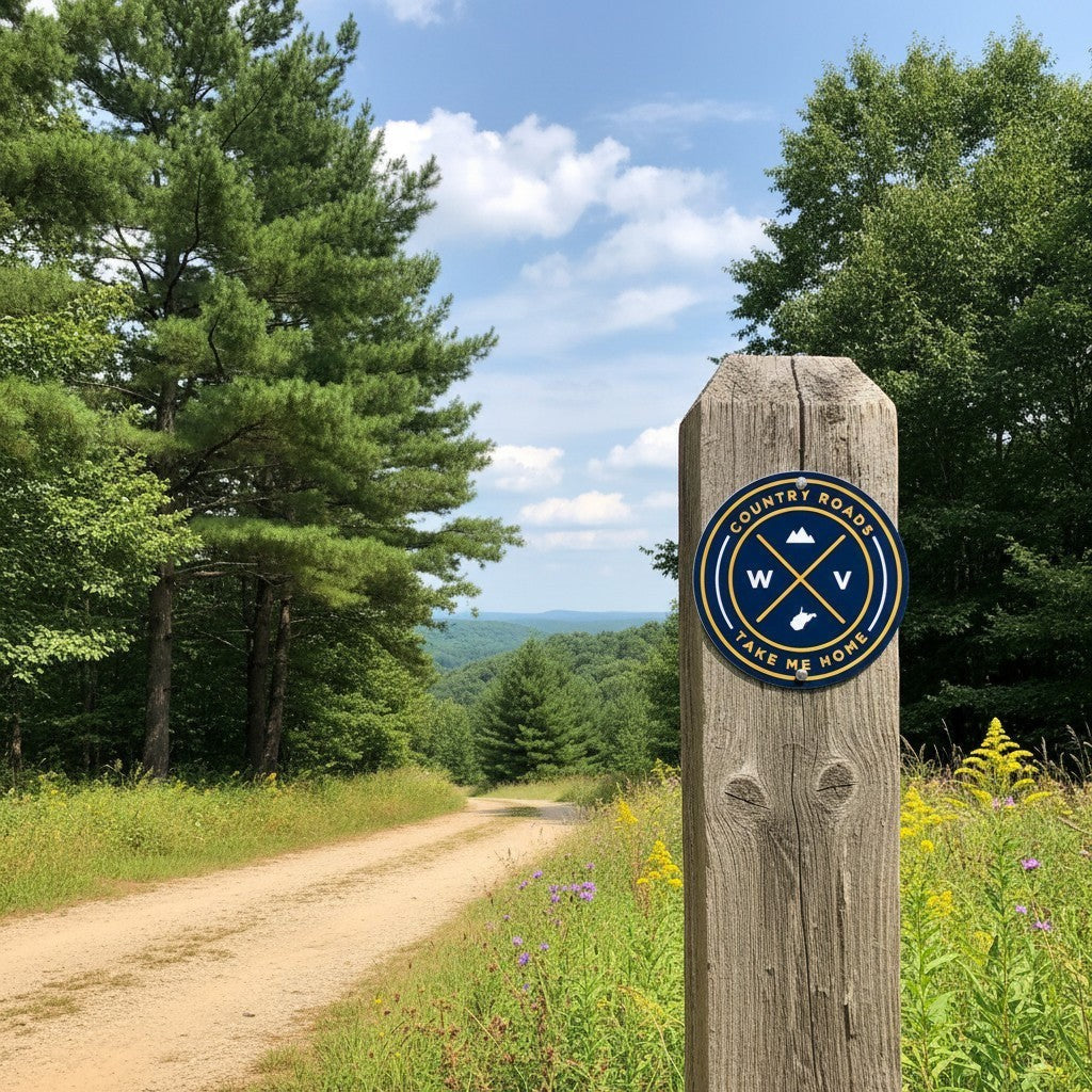 Allen's Bootery round WV seal sticker featuring mountains and state outline on a wooden post in a scenic forest setting.