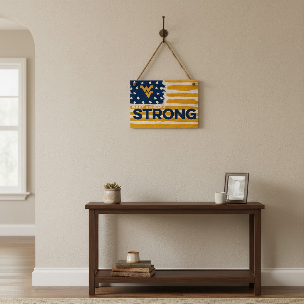 Allen's Bootery WV Strong wooden wall sign with West Virginia flag design hanging on a rope in a home entryway.