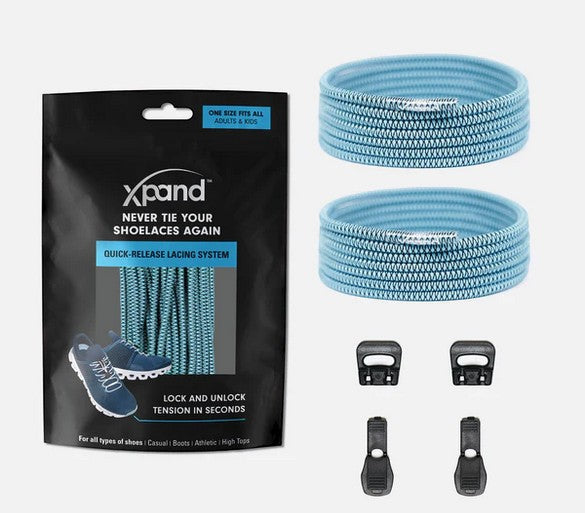 Allen's Bootery Xpand baby blue elastic quick-release shoelaces with locking anchors and end clips in packaging