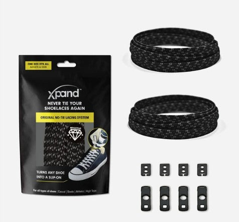 Allen's Bootery Xpand black reflective no-tie elastic shoelaces with anchors and end clips in retail packaging.