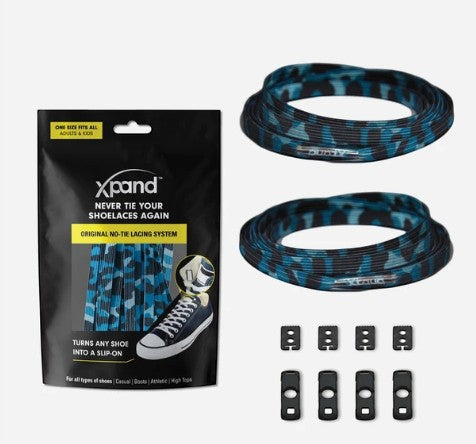 Allen's Bootery Xpand blue camo no-tie elastic shoelaces with anchors and clips for sneakers