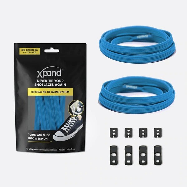 Allen's Bootery Xpand Original no-tie elastic shoelaces in true blue with black lace anchors and end clips