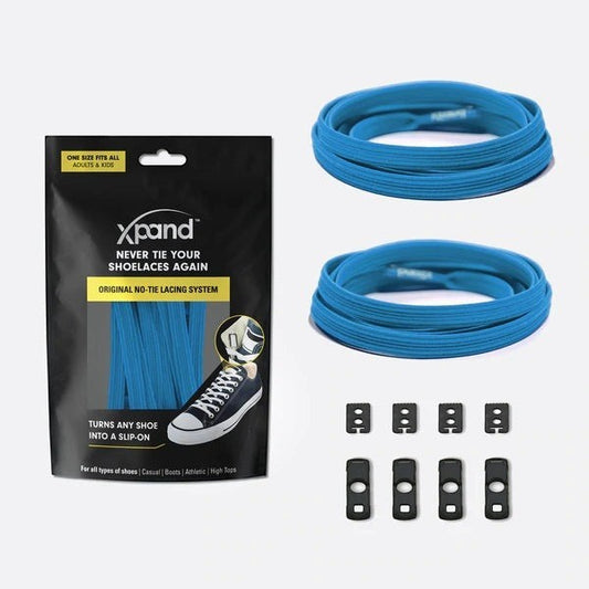 Allen's Bootery Xpand Original no-tie elastic shoelaces in true blue with black lace anchors and end clips