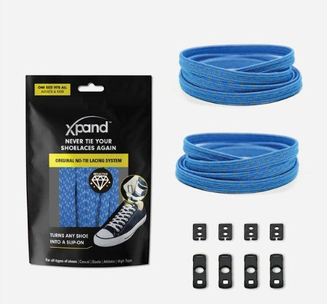 Allen's Bootery Xpand Laces Original no-tie system in true blue with reflective elastic laces, anchors, and end clips.