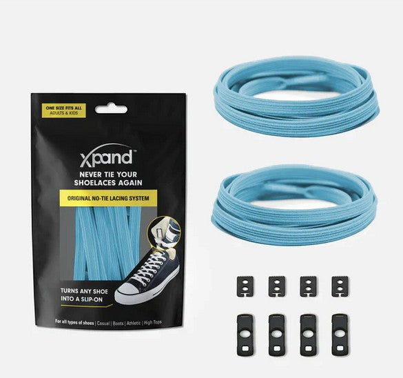 Allen's Bootery Xpand breezy blue elastic no-tie shoelaces with lace anchors and end clips in packaging.