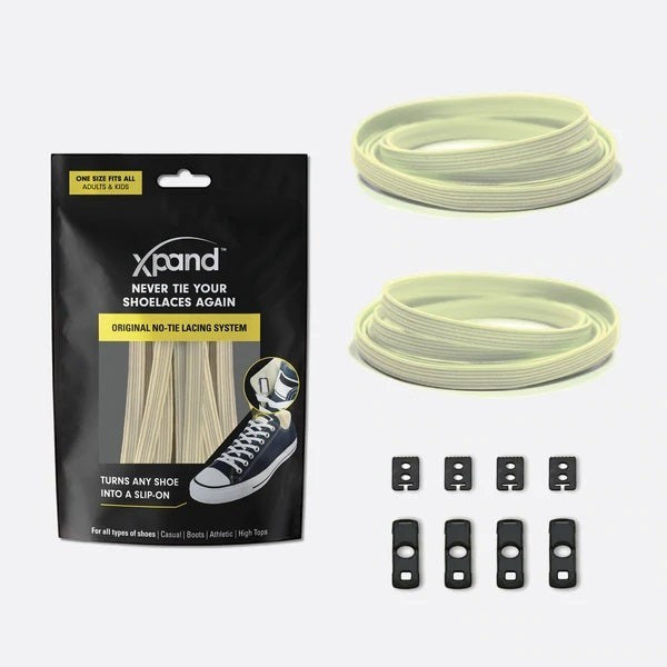 Allen's Bootery Xpand glow in the dark elastic no-tie shoelaces with black anchors and clips in packaging.