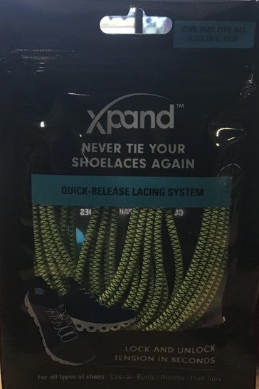 Allen's Bootery Xpand glow-in-the-dark elastic quick-release shoelaces in black and neon yellow packaging
