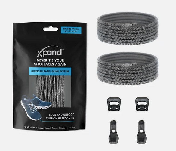 Allen's Bootery Xpand gray elastic quick-release shoelace kit with locking anchors and end clips in retail packaging.