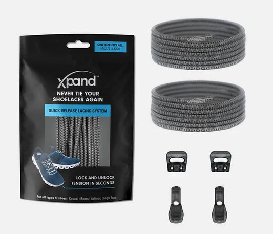 Allen's Bootery Xpand gray elastic quick-release shoelace kit with locking anchors and end clips in retail packaging.
