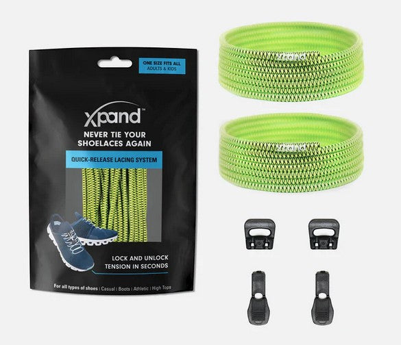 Allen's Bootery Xpand quick release elastic shoelaces in lemon lime with locking anchors and end clips