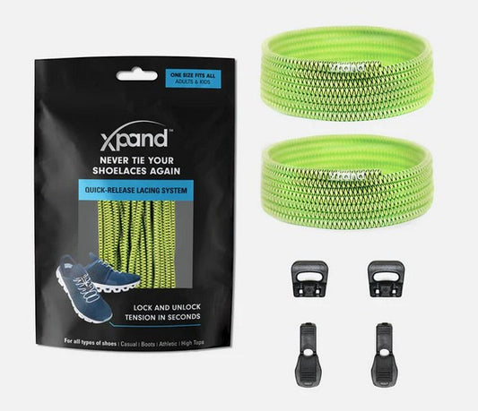 Allen's Bootery Xpand quick release elastic shoelaces in lemon lime with locking anchors and end clips