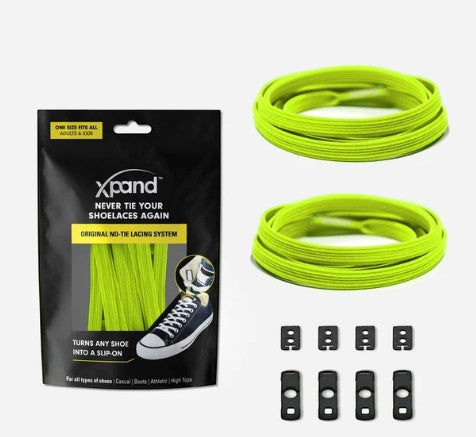 Allen's Bootery Xpand Original no-tie elastic shoelaces in bright lemon lime with anchors and clips in packaging.