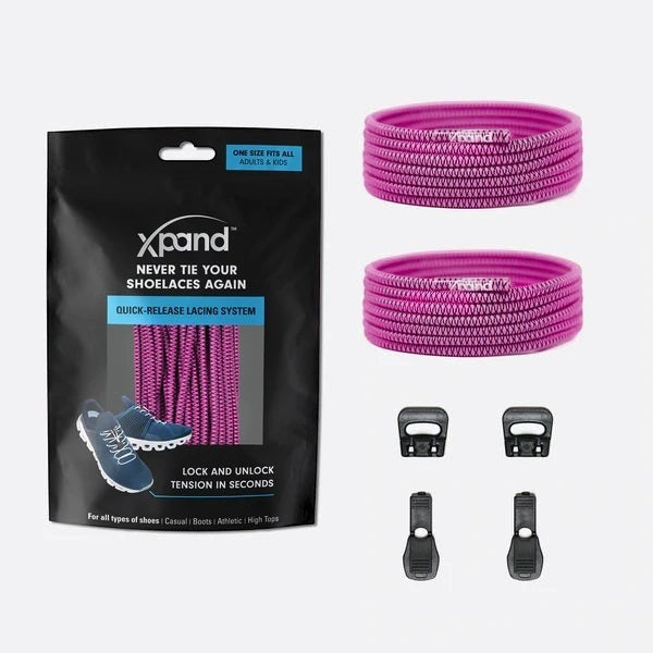 Allen's Bootery Xpand magenta elastic quick-release shoelaces with locking anchors and end clips in packaging