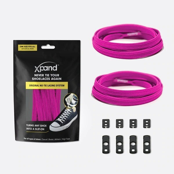 Allen's Bootery Xpand Laces magenta no-tie elastic lacing system kit with anchors and clips for sneakers.