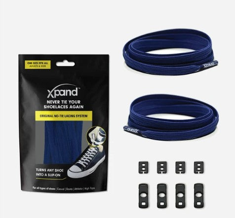 Allen's Bootery Xpand Laces Original navy blue no-tie elastic shoelace kit with anchors and clips in packaging