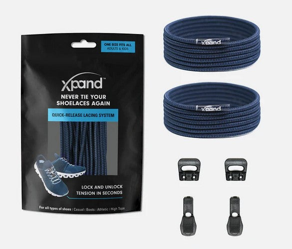 Allen's Bootery Xpand navy blue elastic quick-release shoelaces with locking anchors and end clips in retail packaging.