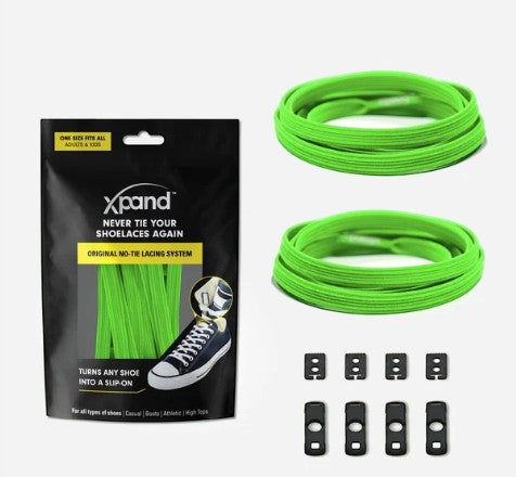 Allen's Bootery Xpand neon green elastic no-tie shoelaces with anchors and end clips in retail packaging.