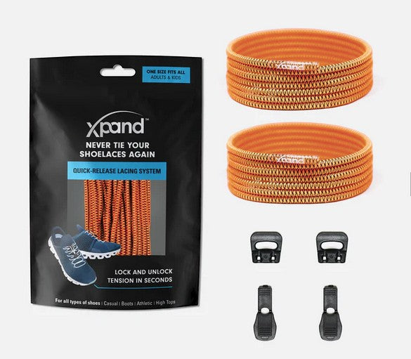 Allen's Bootery Xpand neon orange elastic quick-release shoelaces with locking anchors and end clips in retail pack