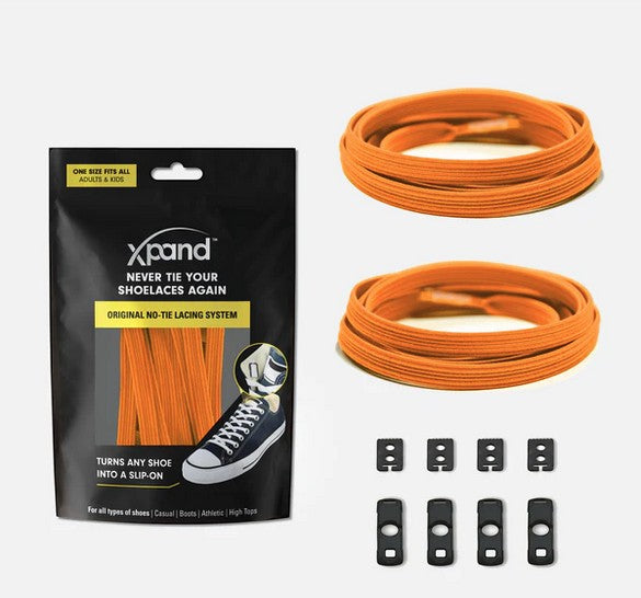 Allen's Bootery Xpand Laces neon orange no-tie elastic shoelace system with anchors and clips in retail packaging.