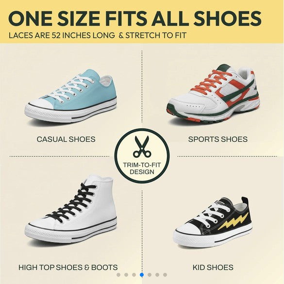 Allen's Bootery Xpand no-tie elastic laces shown on various casual, sports, high top, and kids shoes.