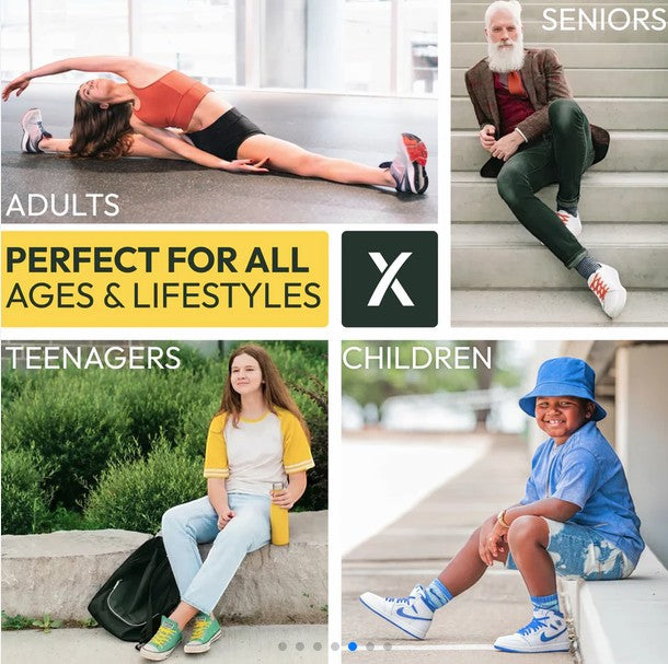 Allen's Bootery Xpand Laces Original in sand, shown on diverse people of all ages for a secure, no-tie fit.